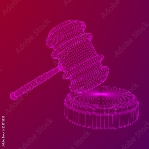 Gavel, hammer of judge or auctioneer. Wireframe low poly mesh vector illustration