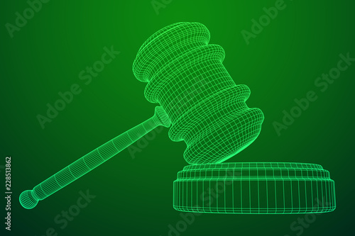 Gavel, hammer of judge or auctioneer. Wireframe low poly mesh vector illustration