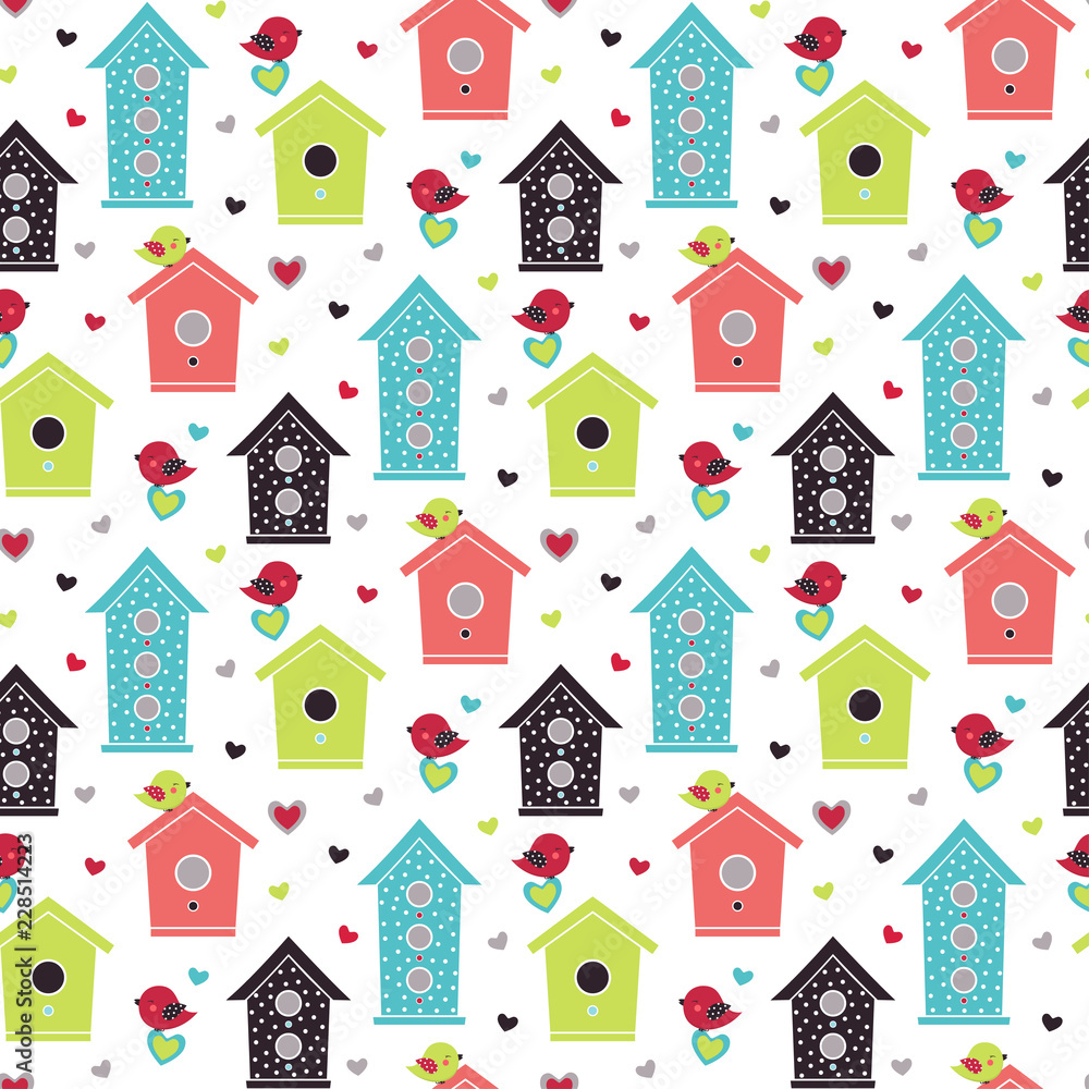 pattern with birdhouses and birds