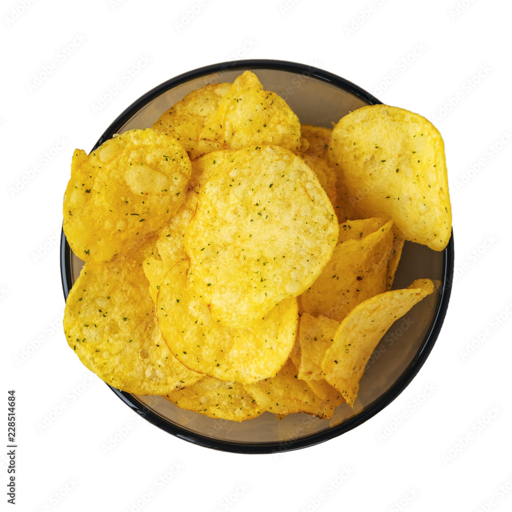 Chips with onions. A bowl of potato chips isolated on white background. Top view. Chips with onions. A bowl of potato chips isolated on white background. Top view.