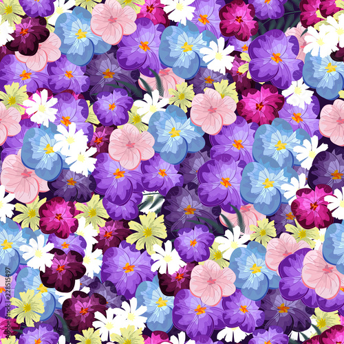 Seamless texture. Multicolor pattern of , flowers, branches and leaves. Design for cover, wrapper or fabric.