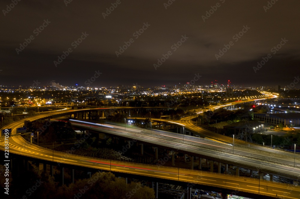 Aerial view of Spaghetti Junction in Birmingham UK at night.