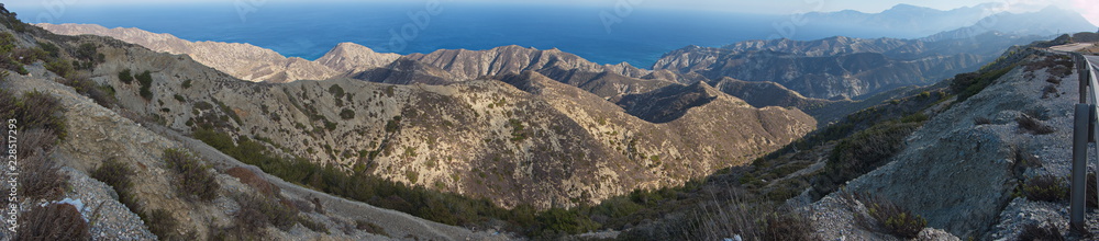 View of eastern coastline from mountain road from Spoa to Olympos on Karpathos in Greece