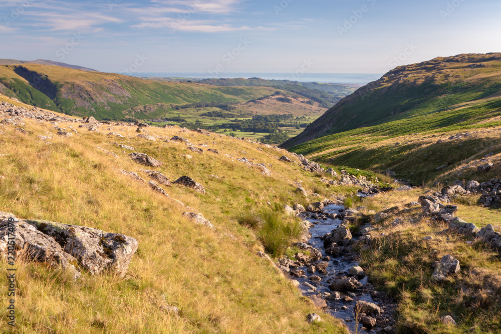 Fototapeta premium Stunning view of Wasdale in the Lake District National Park (UK) on a beautiful sunny day. Greendale Gill stream in foreground