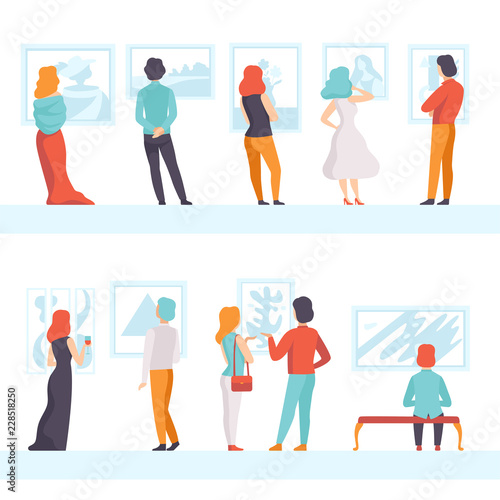 People looking at the paintings hanging on the wall set, exhibition visitors viewing museum exhibit at art gallery, back view vector Illustration on a white background