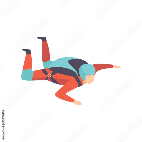 Skydiving man falling through the air with parachute, extreme sport, leisure activity concept vector Illustration on a white background
