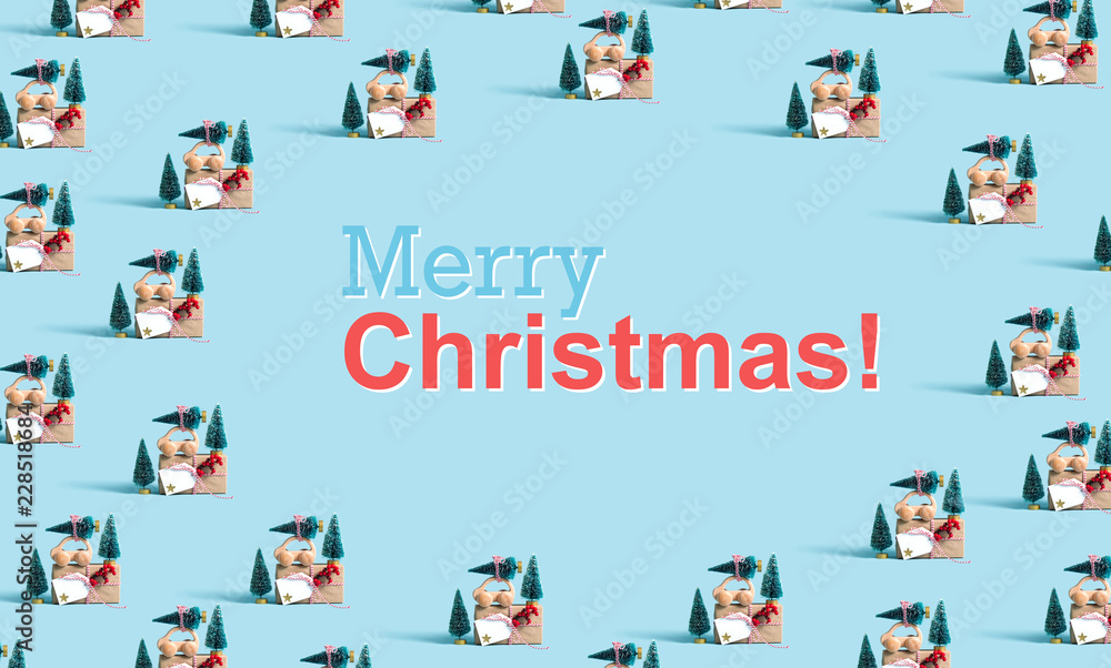 Fototapeta premium Merry christmas message with little car carrying Christmas trees