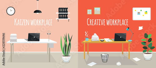 Vector flat illustration of kaizen work place and creative work place. Chaos or cleanness in your office room. Two styles of workplace organization. Order and disorder on the table. 