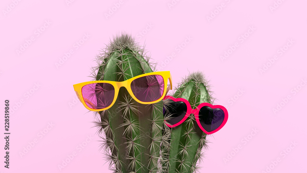 Creative concept of cactus with glasses in flower pot. 3d illustration. Creative concept of cactus with glasses in flower pot. 3d illustration.