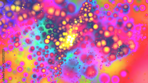 Holographic 3d rendering background, Rainbow particles, circles and shapes. Illustration for poster, card, CD music cover.