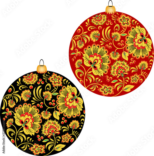 set of Christmas balls with Russian ornament. Khokhloma
