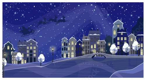 Christmas night townscape with buildings and Santa Claus in sky. Night town scene vector illustration. Christmas Eve concept. For websites, wallpapers, posters or banners.