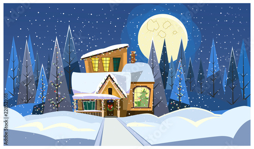 Winter night landscape with decorated cottage and moon. Country house vector illustration. Christmas Eve concept. For websites, wallpapers, posters or banners.