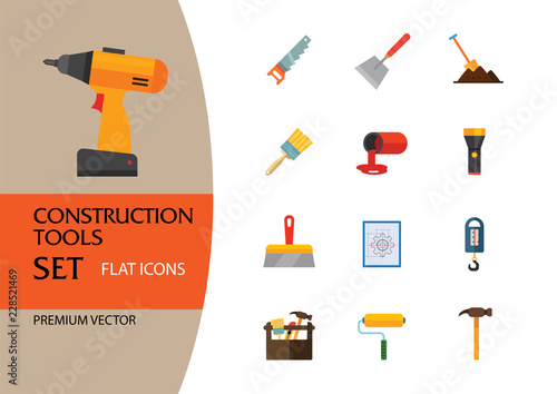 Construction tools icon set. Saw, hammer, drill, screwdriver, toolbox. Renovation concept. Can be used for topics like interior decoration, construction site, DIY store