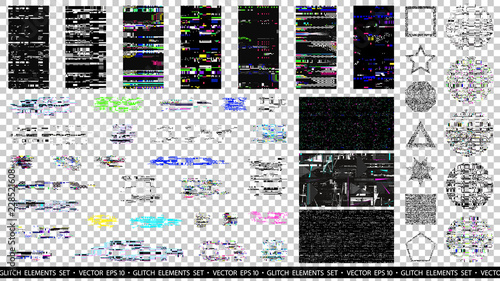 Glitch elements set. Computer screen error templates. Digital pixel noise abstract design. Poster design pixel details. Glitches collection. TV signal fail. Data decay. Technical problem grunge.