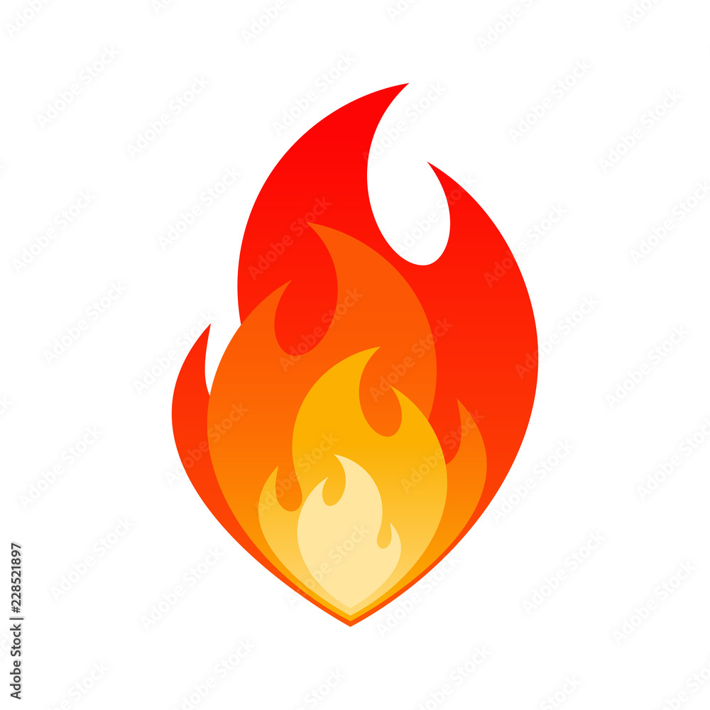 Burning fire flame safety sign concept. Gas explosion danger design with burning flames in orange, yellow and red colors isolated on white background. Vector illustration for flammable emblem Burning fire flame safety sign concept. Gas explosion danger design with burning flames in orange, yellow and red colors isolated on white background. Vector illustration for flammable emblem