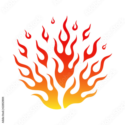 Cartoon fire flame flammable emblem. Bright flames of fire in hot blaze bonfire in yellow, orange and red colors isolated on white background. Vector illustration for emergency sign or burning tattoo.