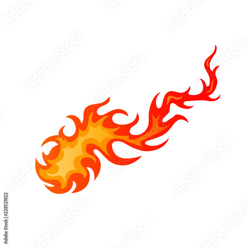 Burning hot comet cartoon sign. Bright fire flame in blazing inferno fireball in red and orange color isolated on white background. Vector illustration fire flame for burning tattoo or decal