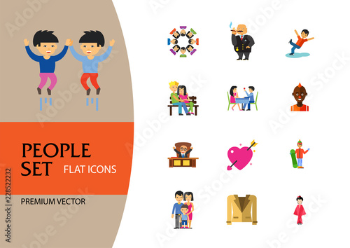People Icon Set. Family Showing Respect Amour Symbol Couple On Park Bench Dating Team Dinner Friends Greeting Boss Director Common Idea Rich Person