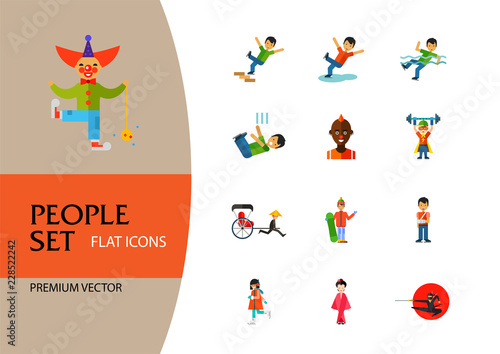 People icon set. Falling down the stairs, slipping, snowboarder, ninja. Extreme activity concept. Can be used for topics like caution, comics, freaks photo