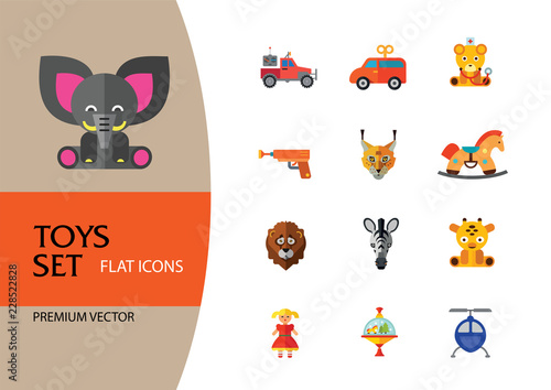 Toys icons set with Rubics cube, whirligig and elephant toy. Thirteen vector icons photo