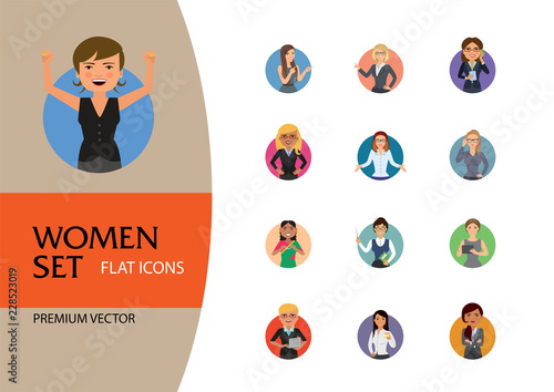Women vector icon set. Doctor, excited, drinking, in glasses, Indian. Characters concept. Can be used for topics like occupation, race, activity, look, emotion