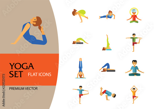 Yoga Icon Set. Meditation Rajakapotasana Sarvangasana Halasana Ustrasana Astavakasana Bakasana Handstand Virabhadrasana Svanasana Prasarita
