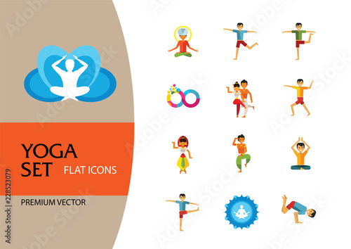 Yoga Icon Set. Infinity Meditation Handstand Virabhadrasana Lotus Position Yoga Sign Man Meditating Yogi Man Doing Yoga Man Doing Exercises Vrksasana Virabhadrasana Virasana