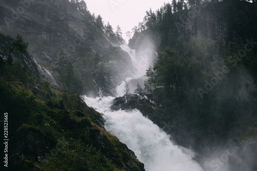 Rapid Latefossen mountain Waterfall, Norway