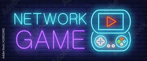 Network game neon text with console. Electronic games and entertainment advertisement design. Night bright neon sign, colorful billboard, light banner. Vector illustration in neon style.