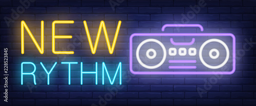 New rythm neon text with boombox. Modern music and youth culture advertisement design. Night bright neon sign, colorful billboard, light banner. Vector illustration in neon style.