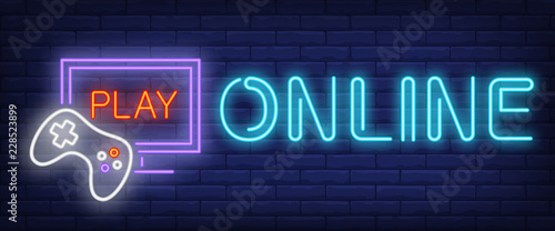 Online, play neon text with game console and monitor. Videogames and entertainment advertisement design. Night bright neon sign, colorful billboard, light banner. Vector illustration in neon style.