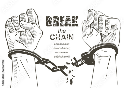 Handcuffs on the hands. Sketch vector illustration