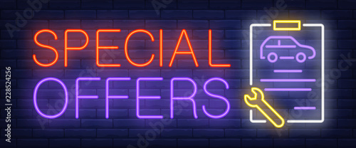 Special offers neon text with car on clipboard and wrench. Car service and repair advertisement design. Night bright neon sign, colorful billboard, light banner. Vector illustration in neon style.