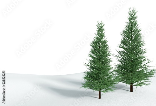 Coniferous trees in snow surface 3D illustration