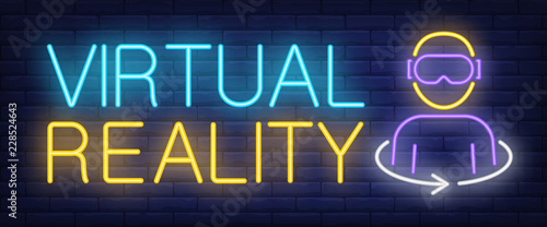 Virtual reality neon text and person in vr glasses. Computer games and entertainment advertisement design. Night bright neon sign, colorful billboard, light banner. Vector illustration in neon style.