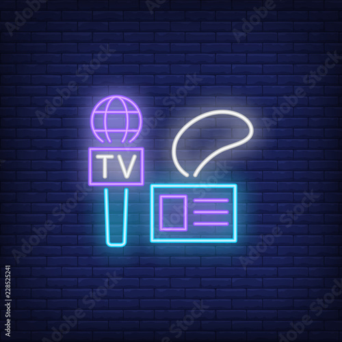 Microphone and journalist beige neon sign. Glowing microphone and accreditation card with lettering on dark blue brick background. Vector illustration for news, broadcasting, reporting