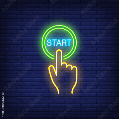 Pressing start button neon sign. Glowing round button on dark blue brick background. Vector illustration for games, computer systems, technical equipment