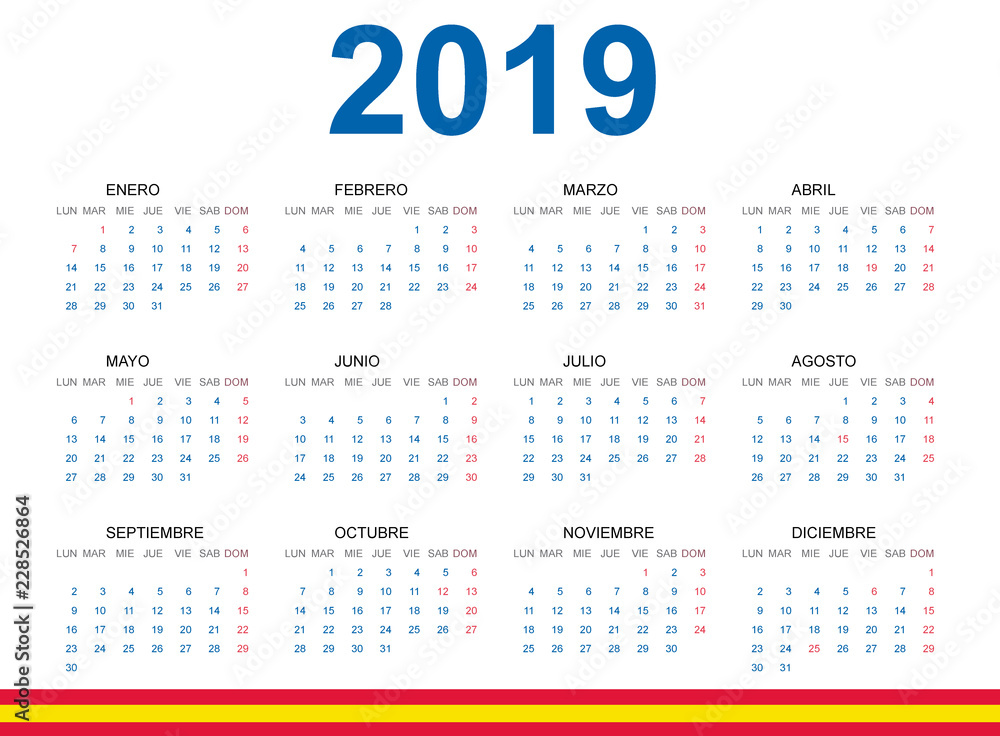 Calendario 2019 en español. Con fiestas de España. - obrazy, fototapety, plakaty 