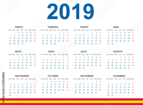Calendario 2019 en español. Con fiestas de España.