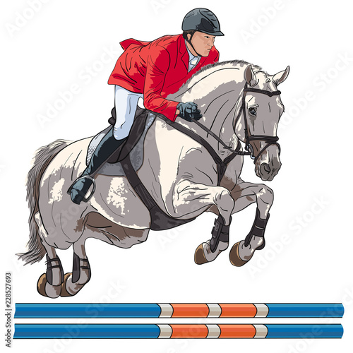 Equestrian, show jumping. An illustration of a rider and horse jumping over an obstacle.