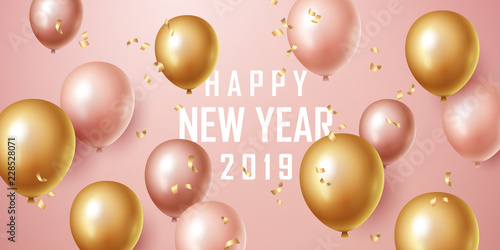 Happy new year 2019 background with floating party balloons. Vector illustration