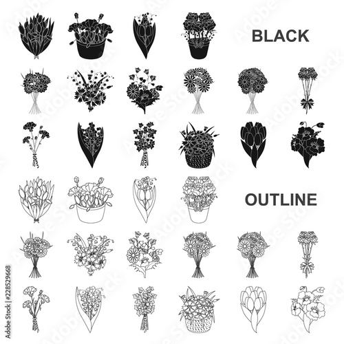 A bouquet of fresh flowers black icons in set collection for design. Various bouquets vector symbol stock web illustration.