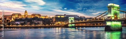 High resolution panorama of Budapest, Hungary. Sunset over the city with the Chain Bridge, the Danube river and Buda Palace