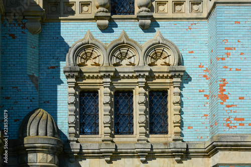 Window of old church, architectural detail. Assumption (Uspenskyi) Cathedral of  Bila Krynytsia Old Believer, Ukraine. Religious buildings Orthodox Old-Rite Church, Old-ritualist temple. photo