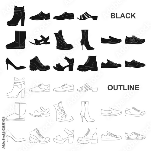Different shoes black icons in set collection for design. Men and women shoes vector symbol stock web illustration.