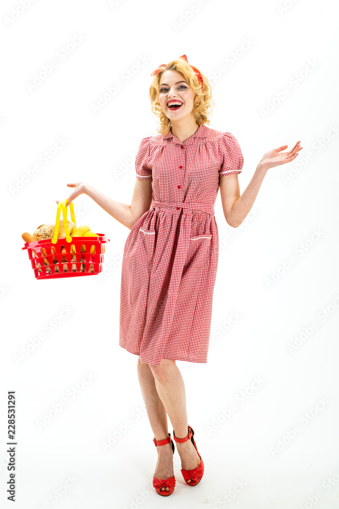 Going for shopping. happy retro woman go shopping. I want to buy this. Full shopping. vintage woman shopper in retro dress. multifunctional housewife or mother do everyday duties. happy shopping.