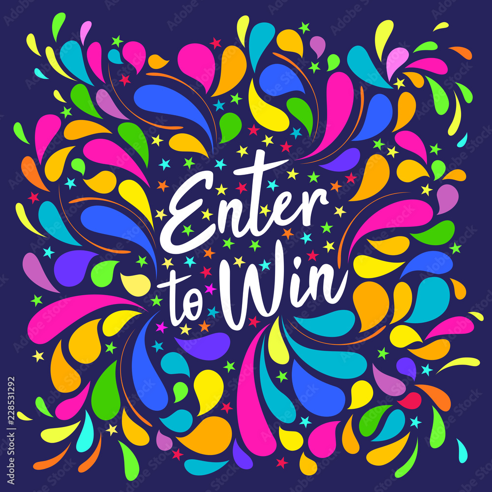 An abstract vector typography illustration of Enter to Win text amidst colorful design elements on an isolated blue background An abstract vector typography illustration of Enter to Win text amidst colorful design elements on an isolated blue background