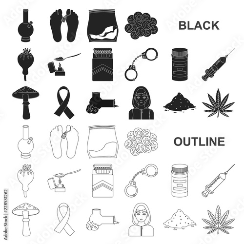 Drug addiction and attributes black icons in set collection for design. Addict and Drug vector symbol stock web illustration.