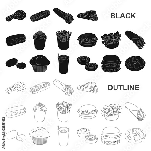 Fast food black icons in set collection for design.Food from semi-finished products vector symbol stock web illustration.